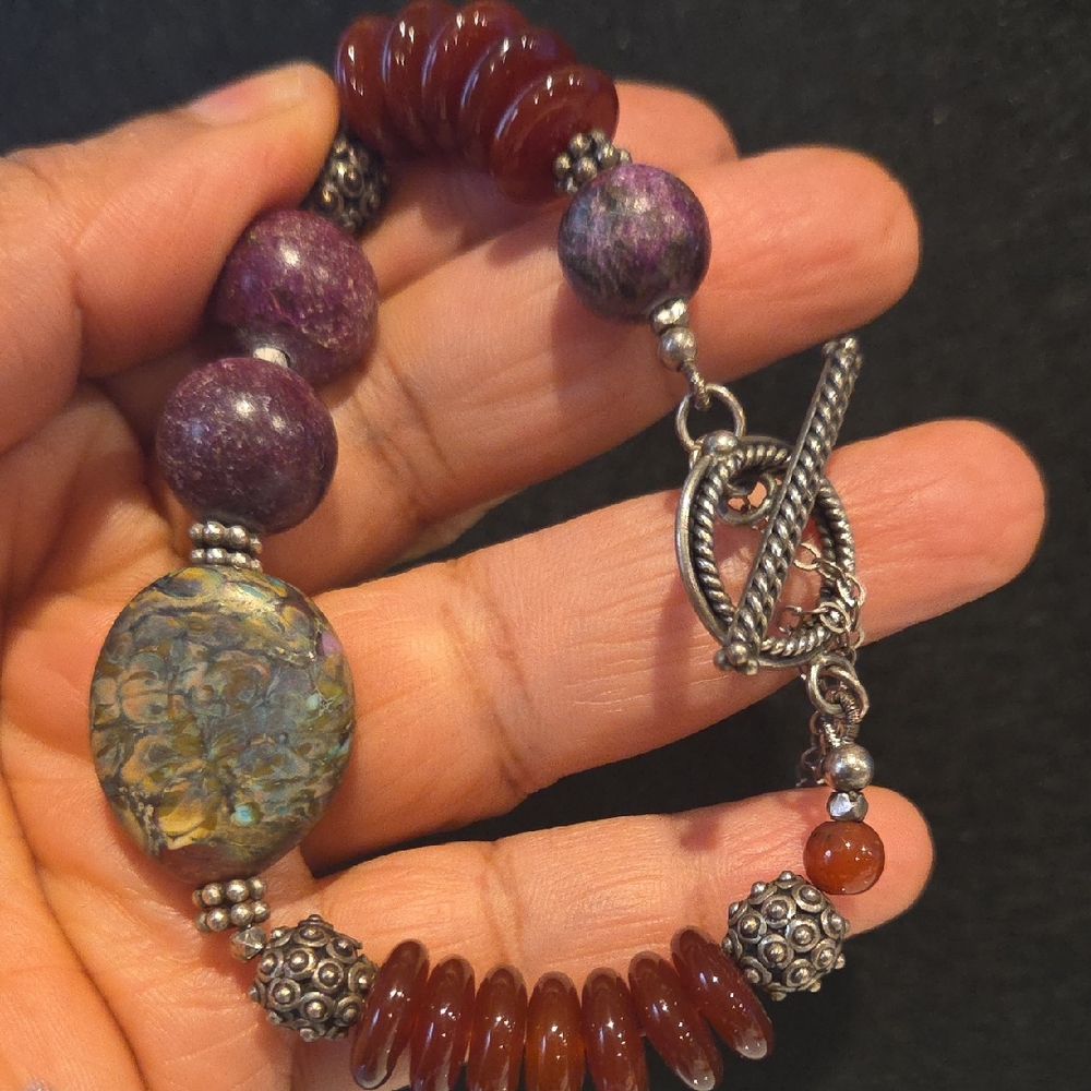Handcrafted Agate and Jasper Beaded Bracelet - Purple & Brown